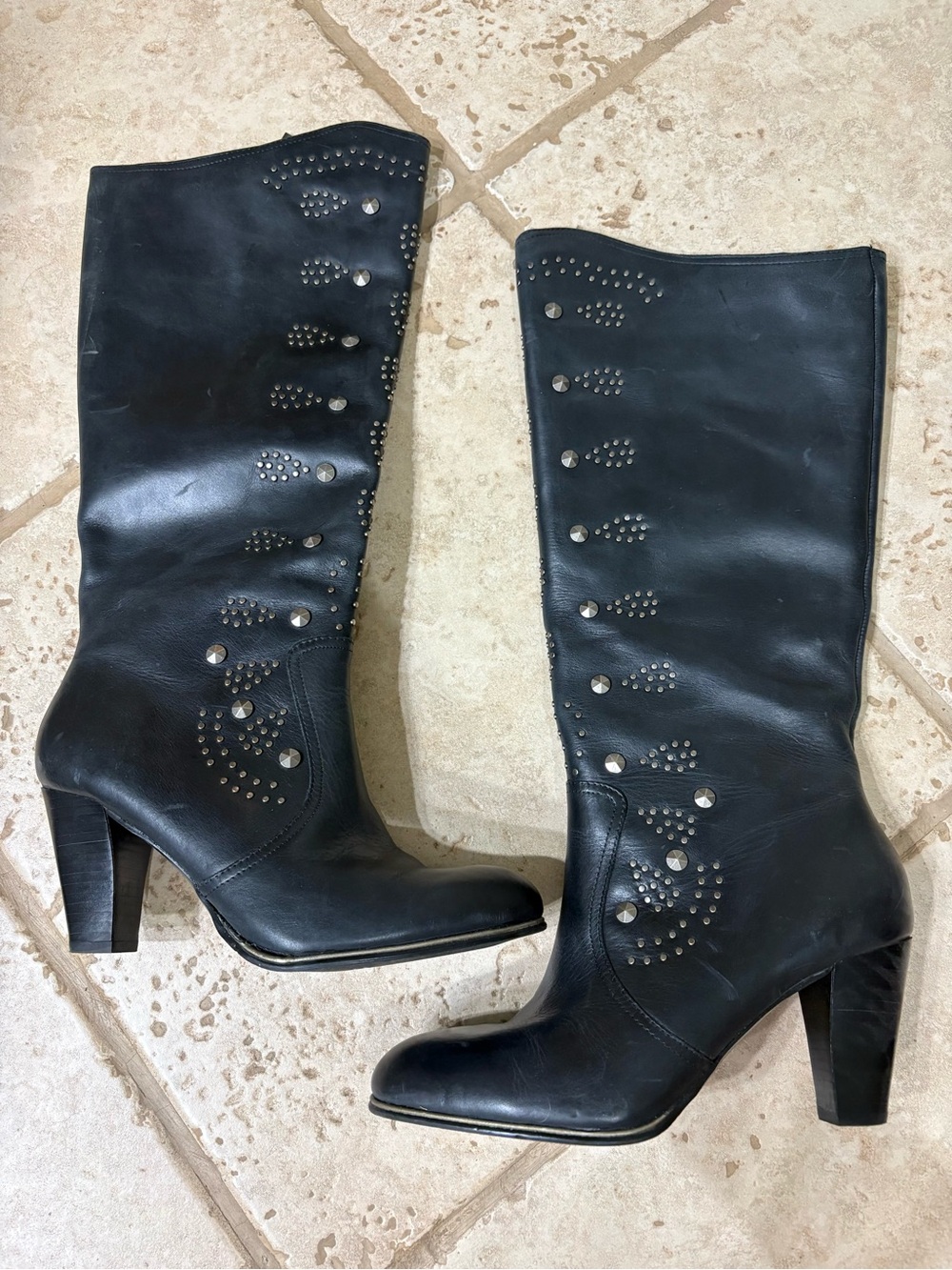 Reba Women's Black Studded Mid-Calf Leather Boots size 7.5M